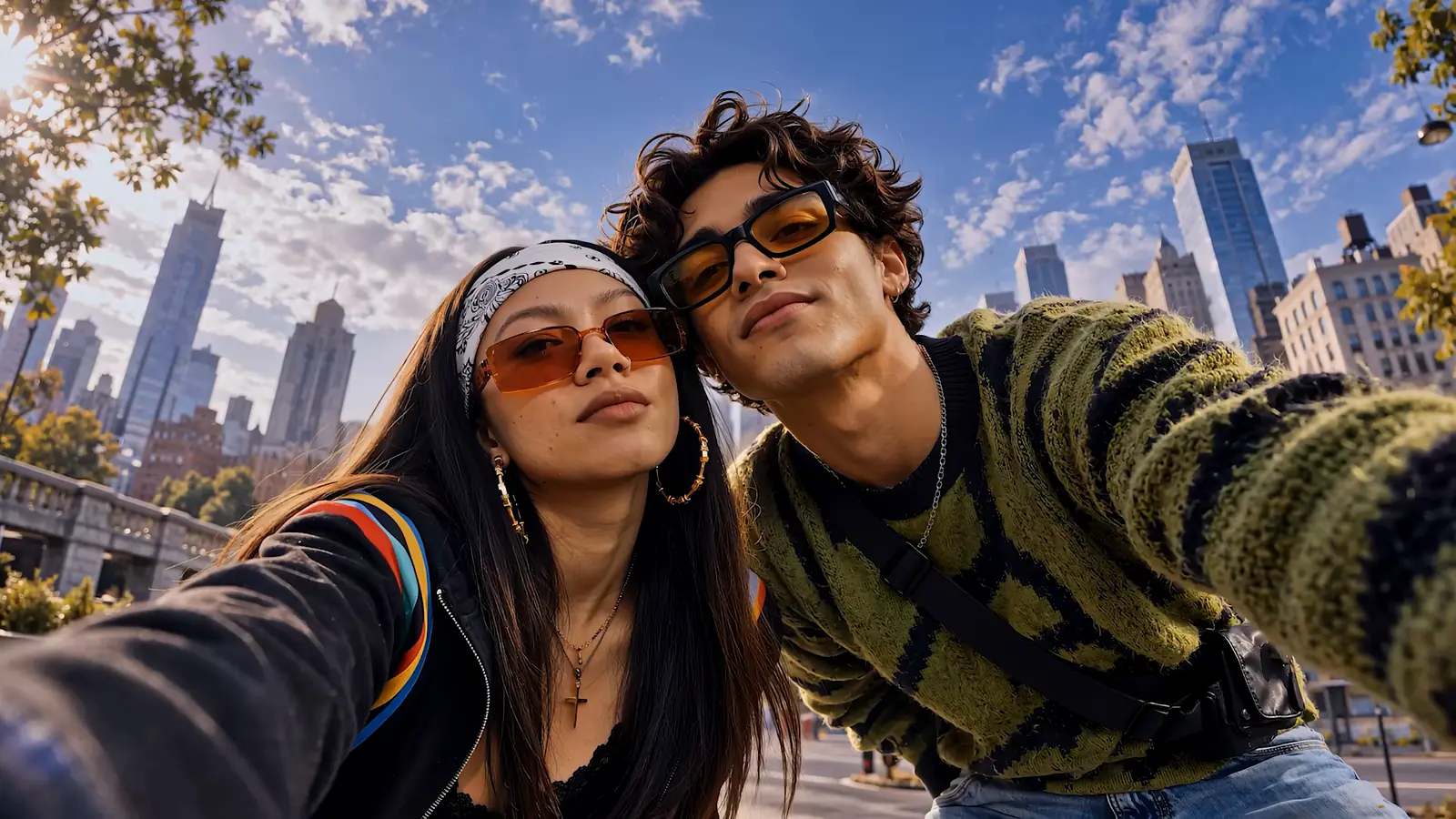 Two friends taking a selfie in the city